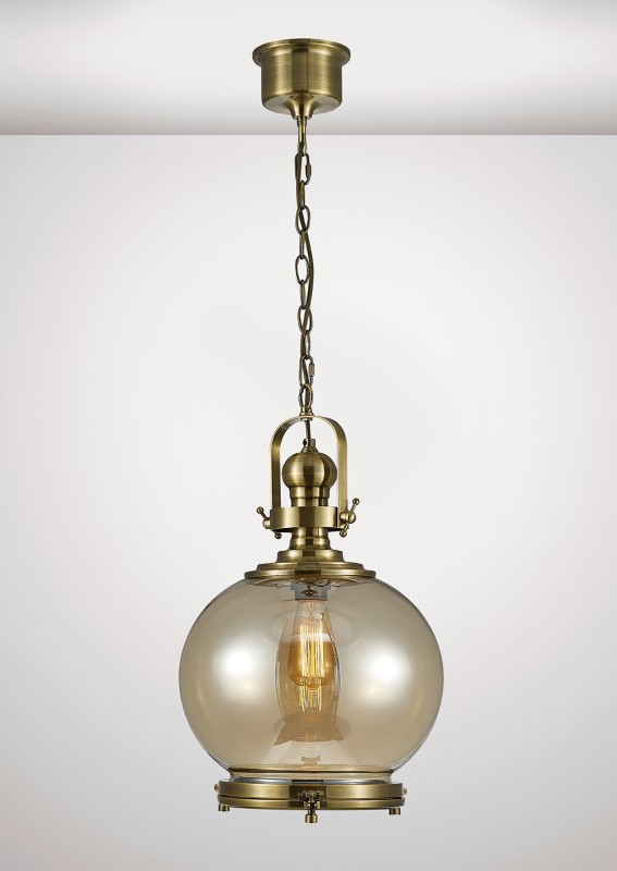 Single Medium Ball Pendant 1 Light Antique Brass/Cognac Glass - Click Image to Close